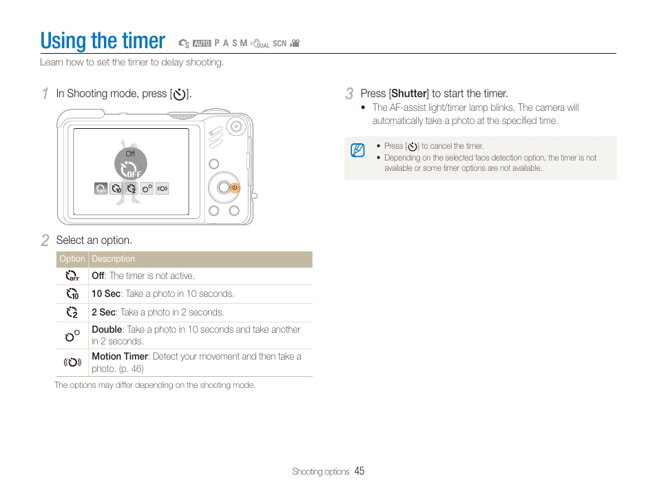 Using the timer | Samsung WB650 User Manual | Page 46 / 113