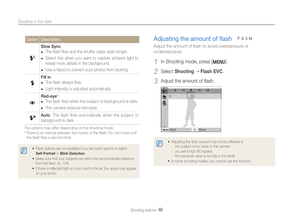 Adjusting the amount of flash, Adjusting the amount of ﬂash | Samsung WB650 User Manual | Page 49 / 113