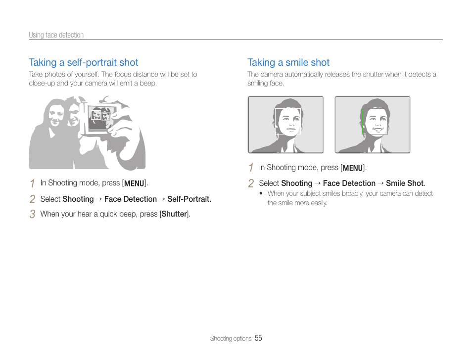 Taking a self-portrait shot, Taking a smile shot, Taking a self-portrait shot taking a smile shot | Samsung WB650 User Manual | Page 56 / 113