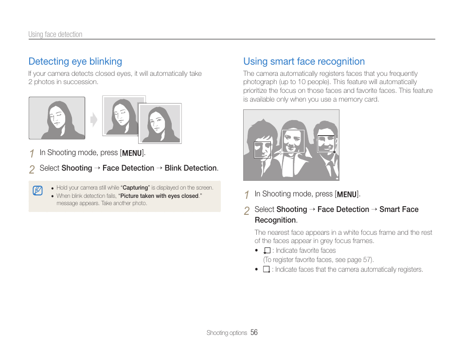 Detecting eye blinking, Using smart face recognition | Samsung WB650 User Manual | Page 57 / 113