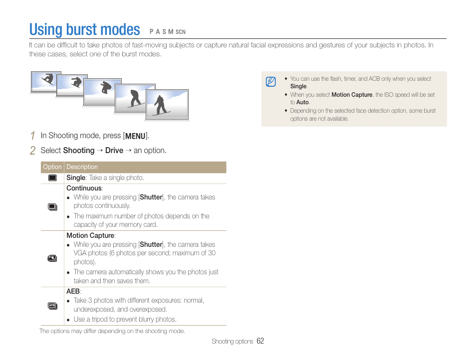 Using burst modes | Samsung WB650 User Manual | Page 63 / 113