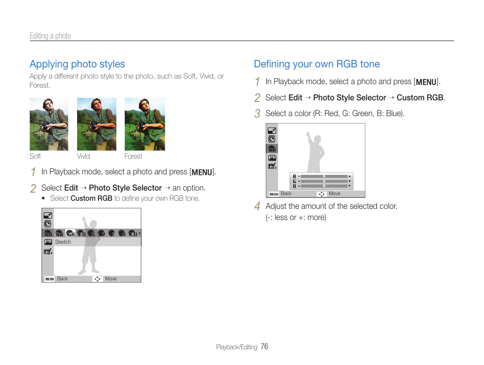 Applying photo styles, Defining your own rgb tone, Applying photo styles deﬁning your own rgb tone | Deﬁning your own rgb tone | Samsung WB650 User Manual | Page 77 / 113