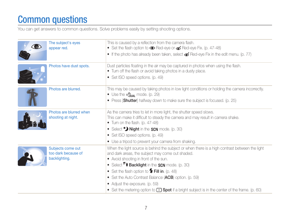 Common questions | Samsung WB650 User Manual | Page 8 / 113