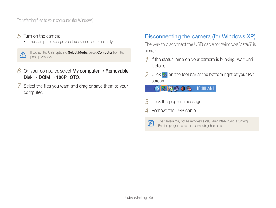 Disconnecting the camera (for windows xp) | Samsung WB650 User Manual | Page 87 / 113