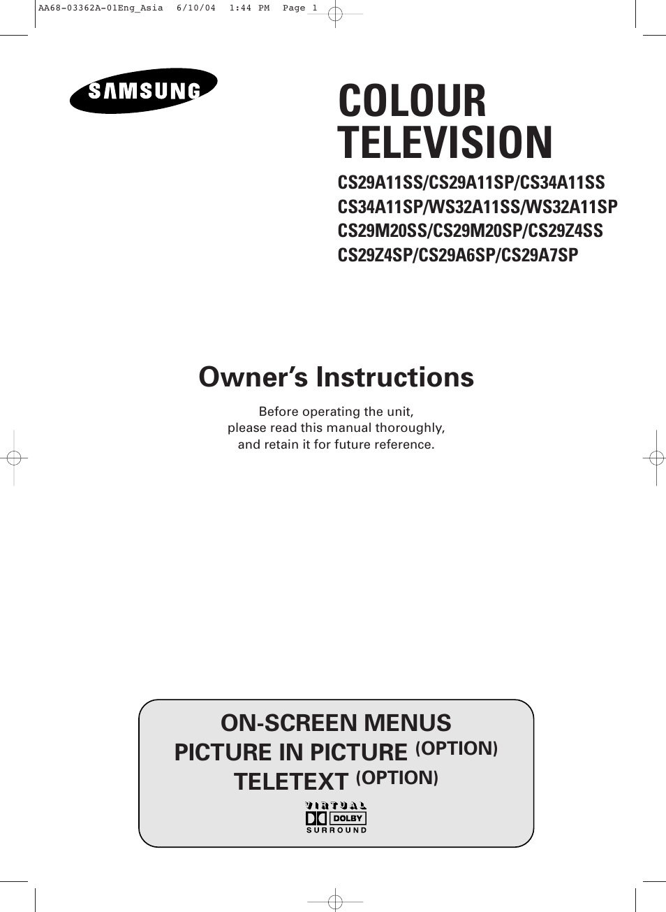 Samsung CS29A7SP User Manual | 52 pages