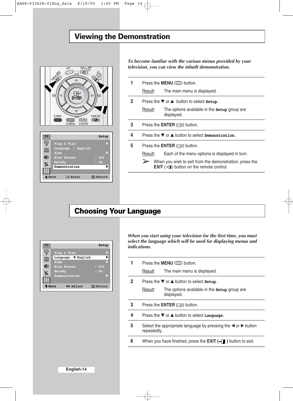 Viewing the demonstration choosing your language | Samsung CS29A7SP User Manual | Page 14 / 52