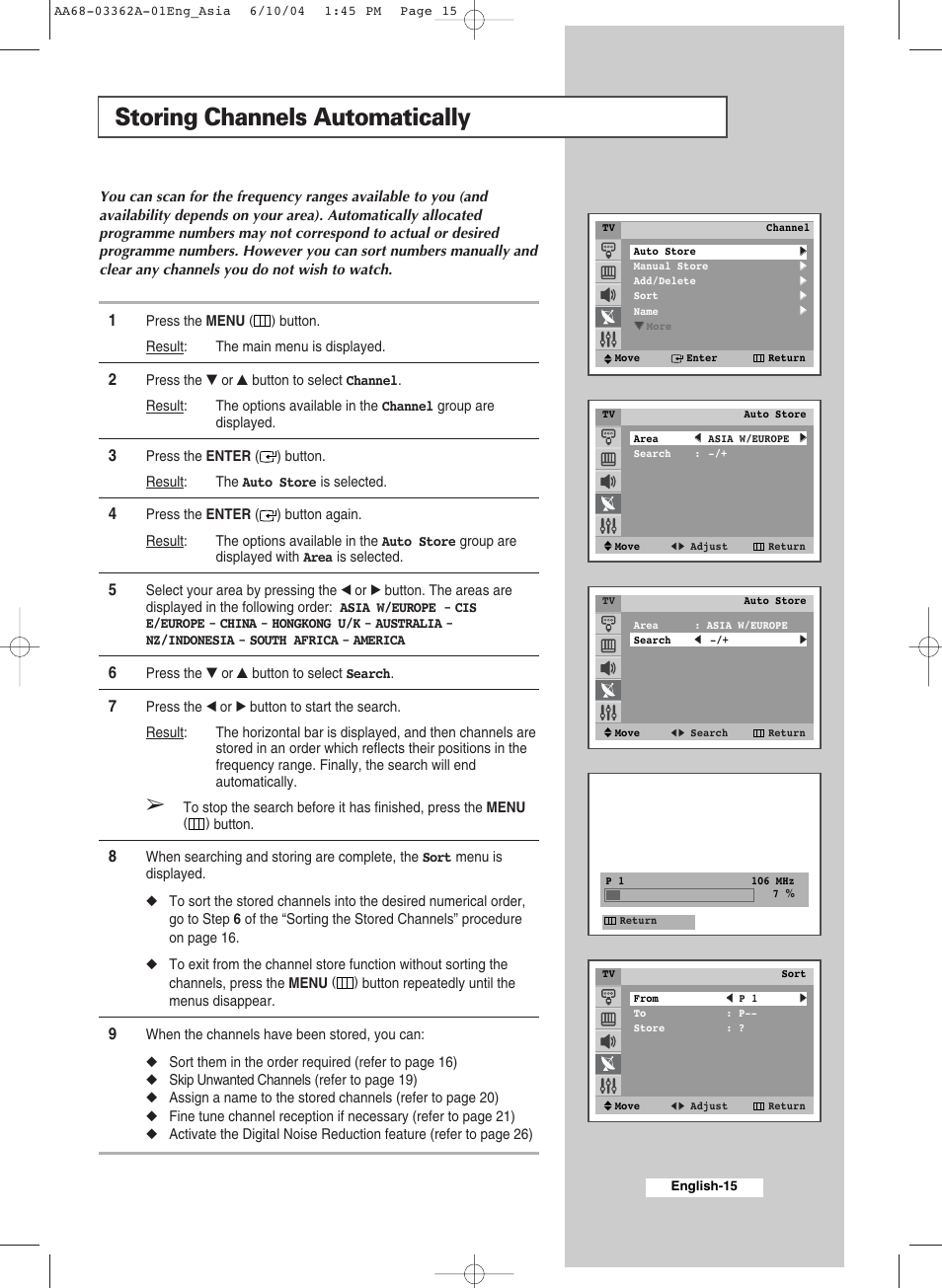 Viewing the demonstration, Choosing your language, Setting the channels | Storing channels automatically | Samsung CS29A7SP User Manual | Page 15 / 52