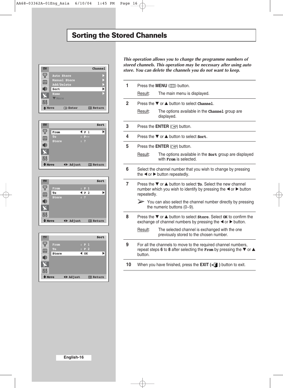 Sorting the stored channels | Samsung CS29A7SP User Manual | Page 16 / 52