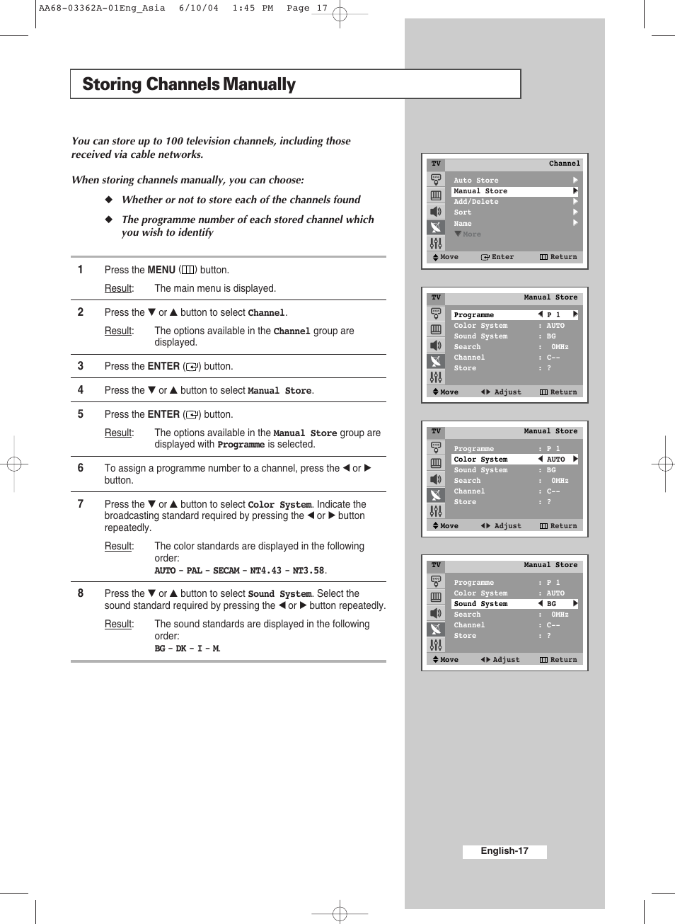 Storing channels manually | Samsung CS29A7SP User Manual | Page 17 / 52