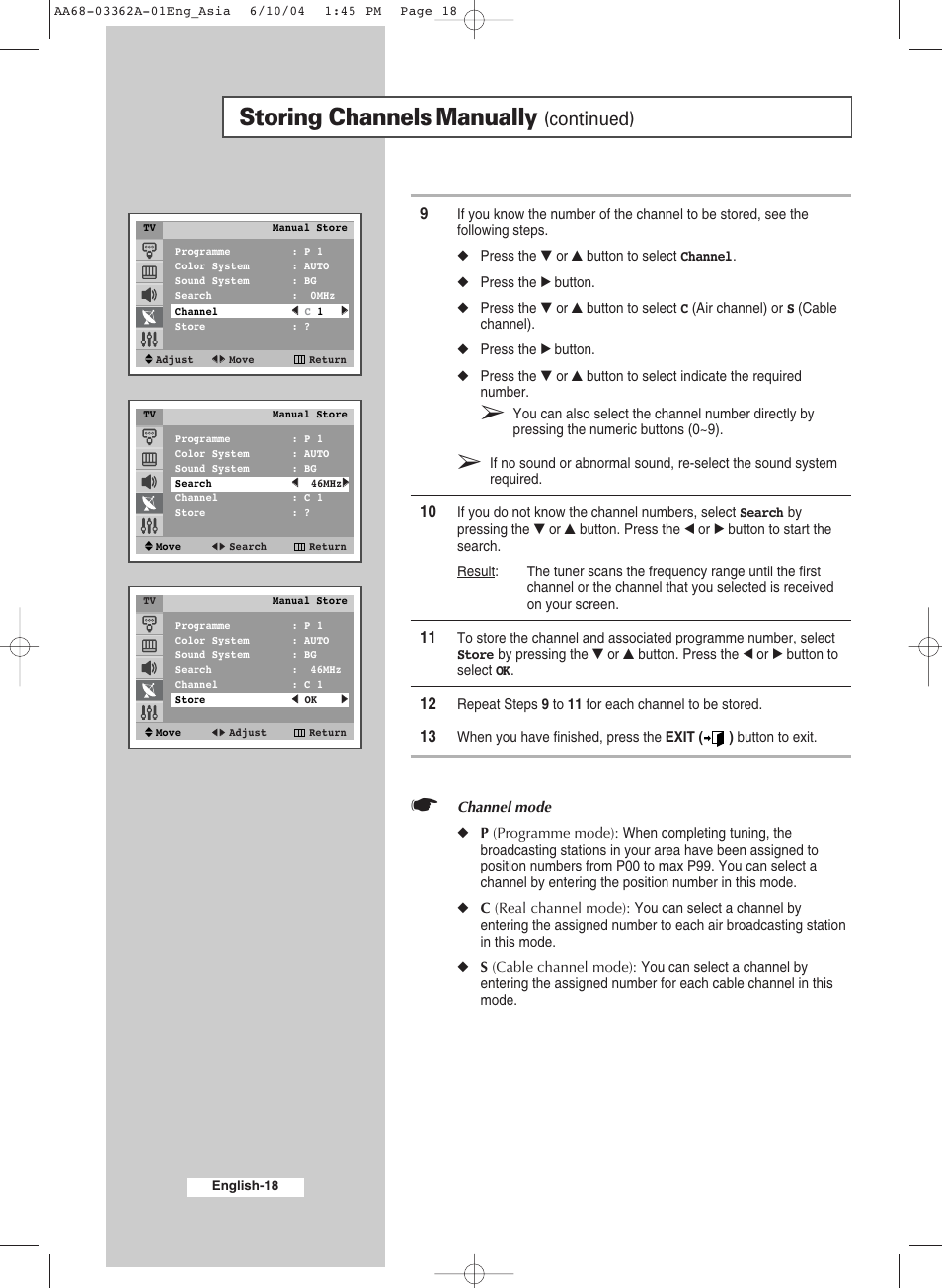 Storing channels manually, Continued) | Samsung CS29A7SP User Manual | Page 18 / 52