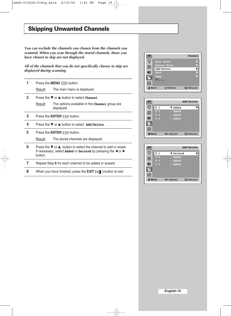 Skipping unwanted channels | Samsung CS29A7SP User Manual | Page 19 / 52