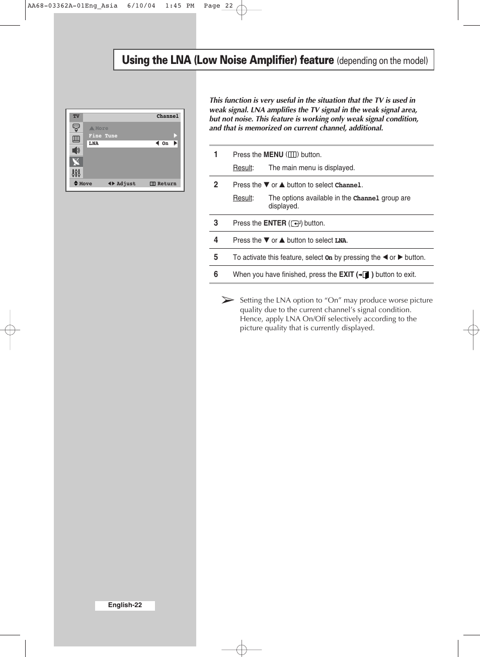 Using your television, Using the lna (low noise amplifier) feature, Depending on the model) | Samsung CS29A7SP User Manual | Page 22 / 52