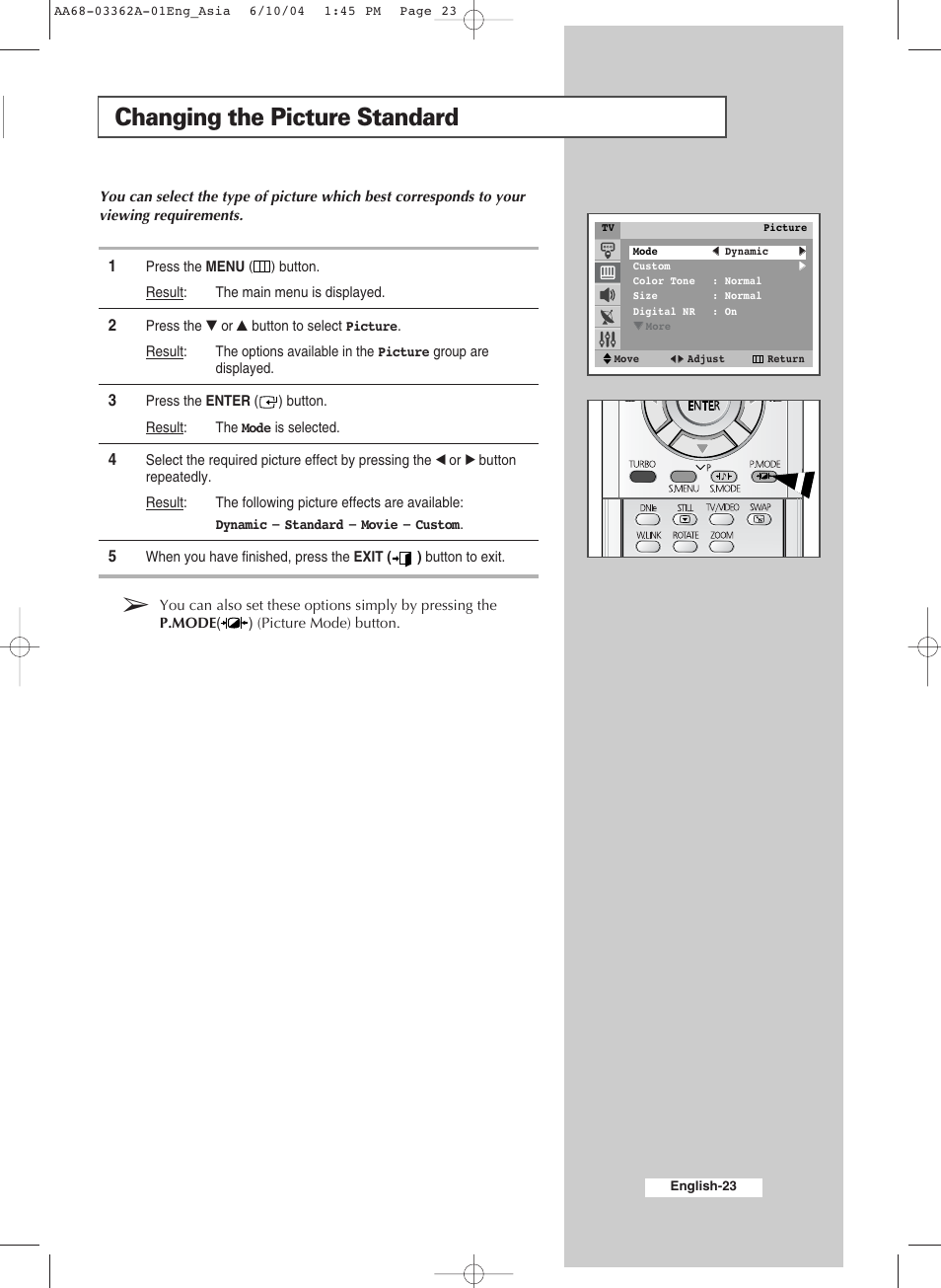 Changing the picture standard | Samsung CS29A7SP User Manual | Page 23 / 52