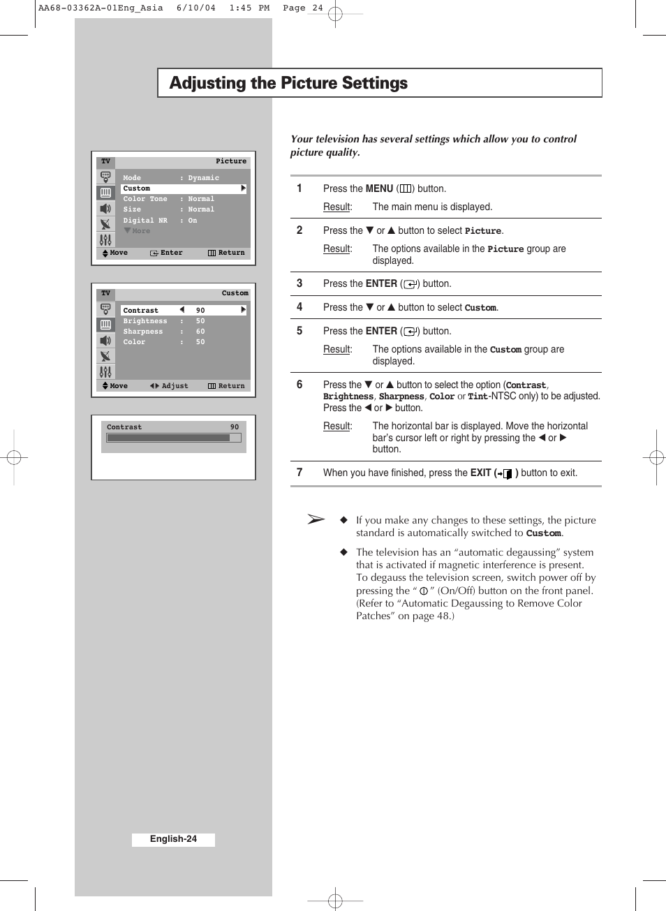 Adjusting the picture settings | Samsung CS29A7SP User Manual | Page 24 / 52
