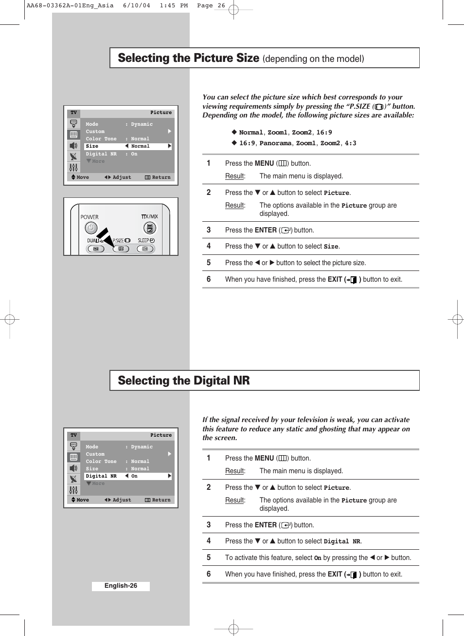 Selecting the picture size, Selecting the digital nr, Depending on the model) | Samsung CS29A7SP User Manual | Page 26 / 52