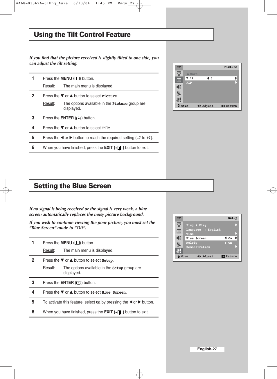 Using the tilt control feature, Setting the blue screen | Samsung CS29A7SP User Manual | Page 27 / 52