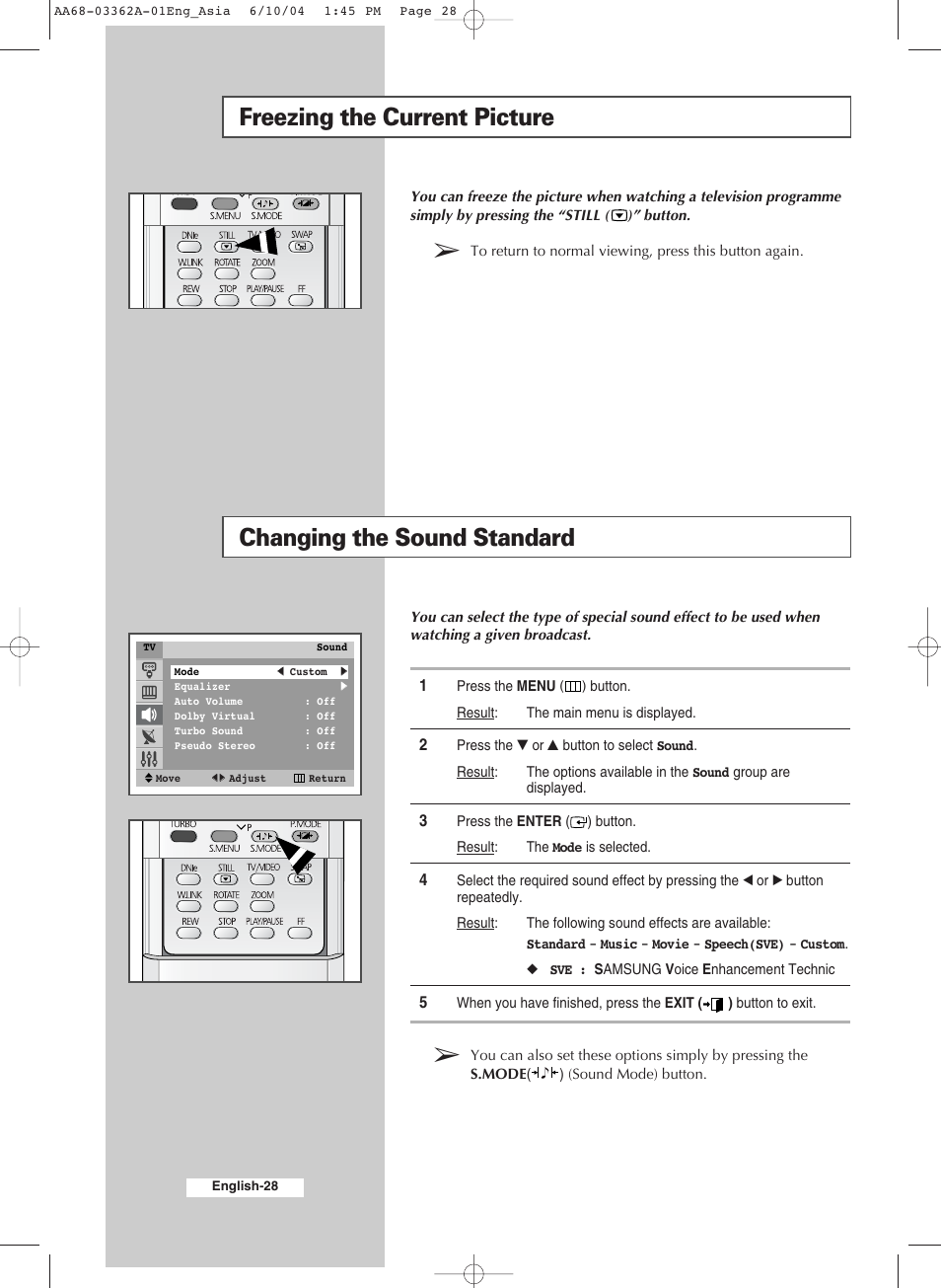 Freezing the current picture, Changing the sound standard | Samsung CS29A7SP User Manual | Page 28 / 52