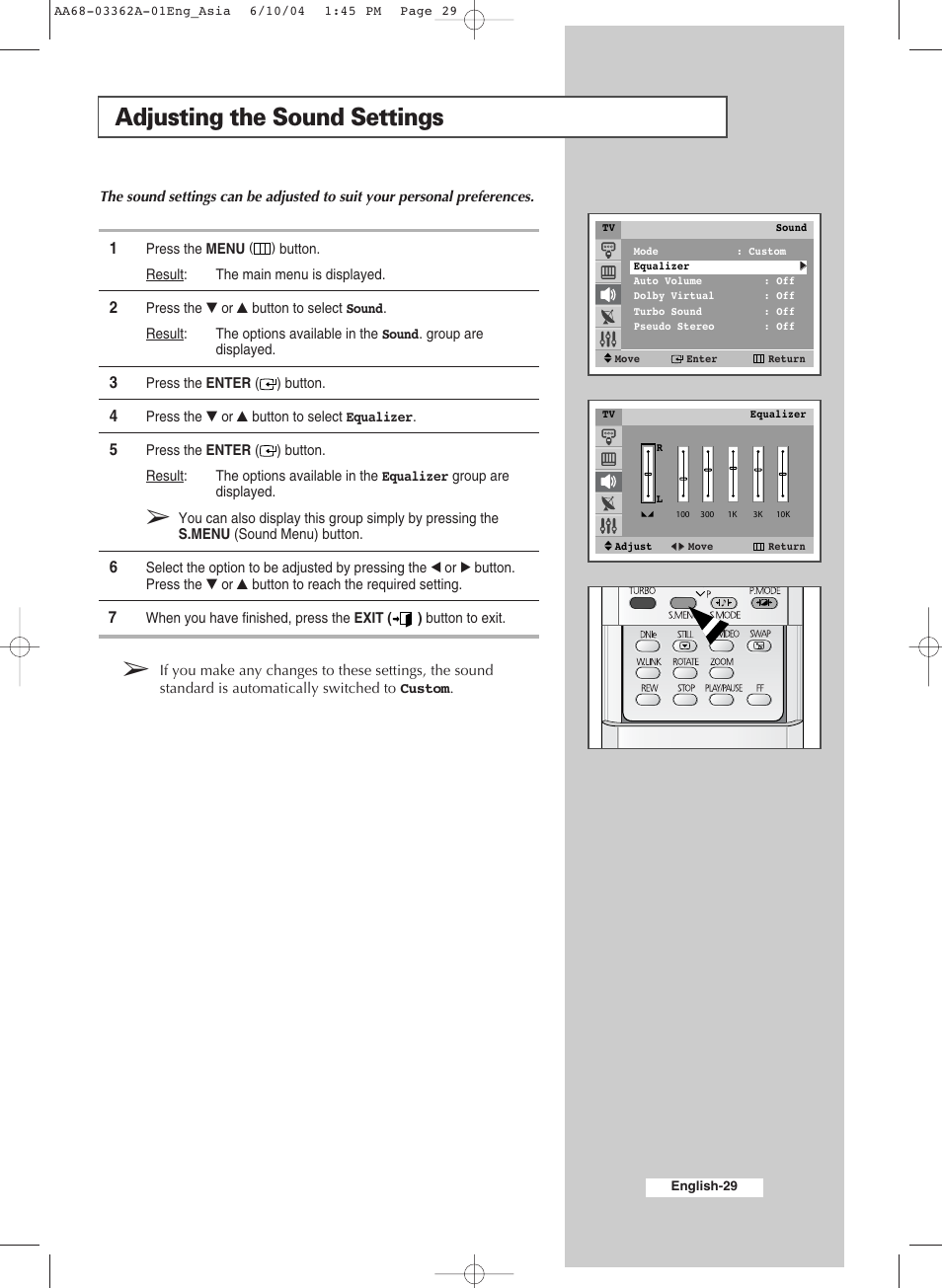 Adjusting the sound settings | Samsung CS29A7SP User Manual | Page 29 / 52