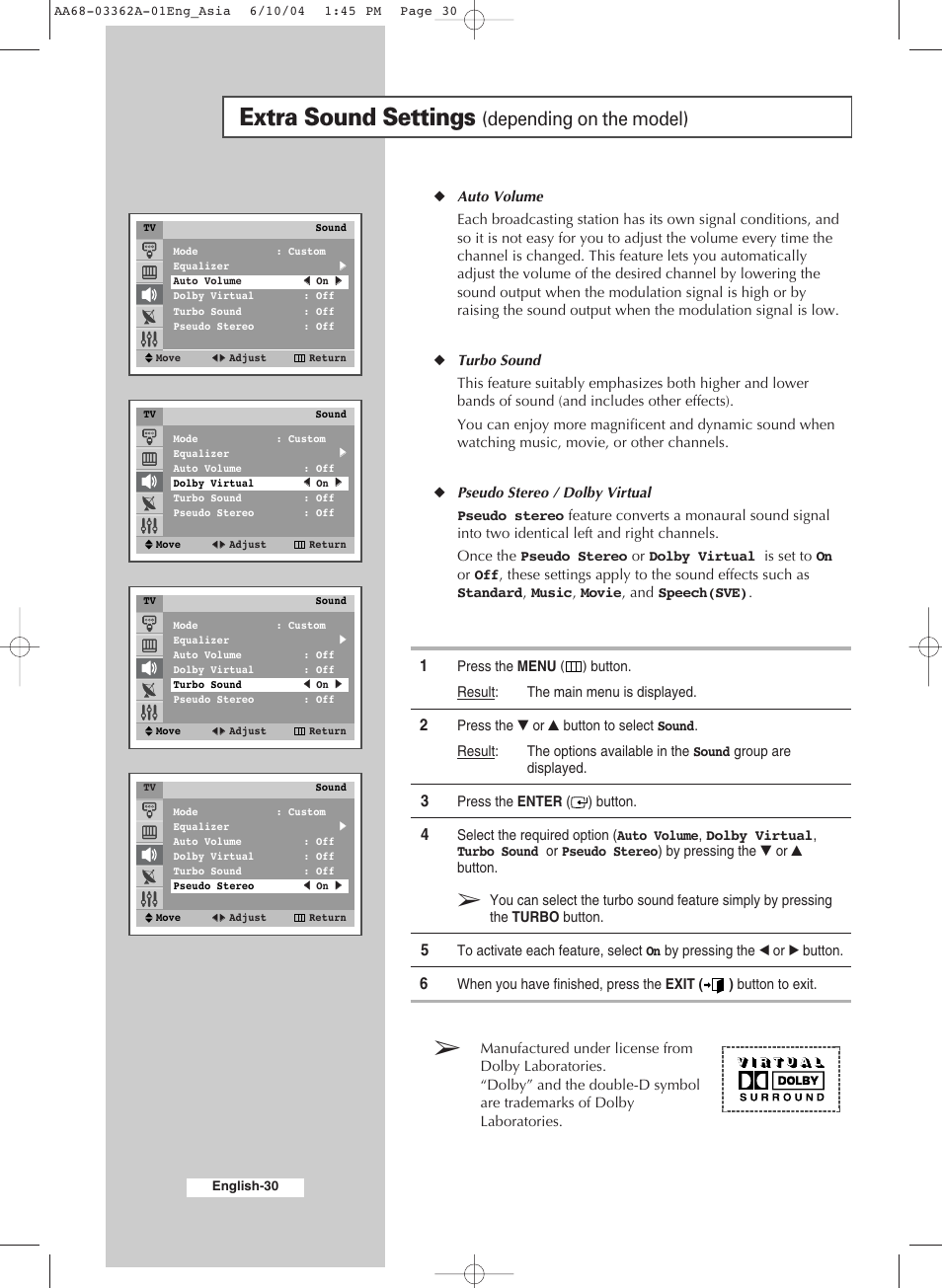 Extra sound settings (depending on the model), Extra sound settings, Depending on the model) | Samsung CS29A7SP User Manual | Page 30 / 52