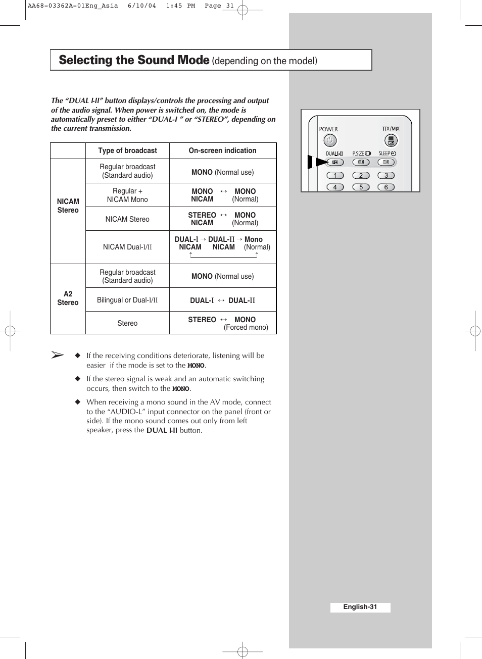 Selecting the sound mode (depending on the model), Selecting the sound mode, Depending on the model) | Samsung CS29A7SP User Manual | Page 31 / 52