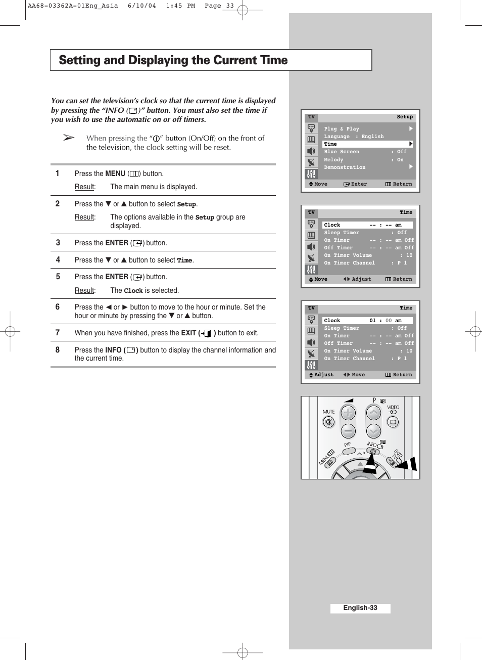 Setting and displaying the current time | Samsung CS29A7SP User Manual | Page 33 / 52
