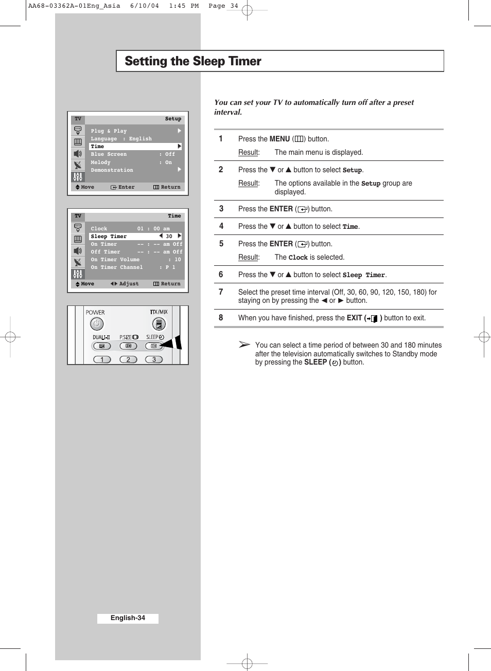 Setting the sleep timer | Samsung CS29A7SP User Manual | Page 34 / 52