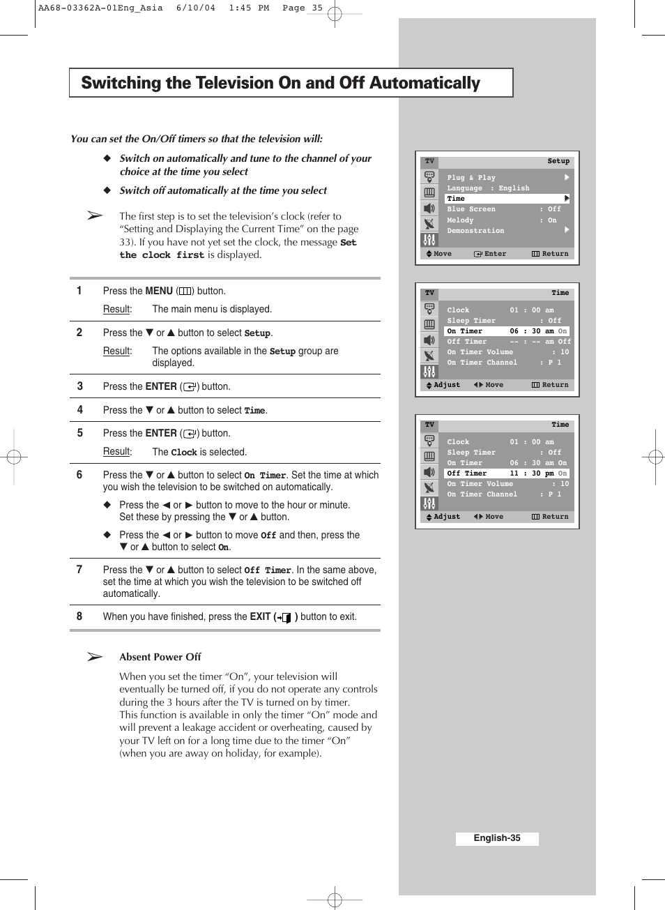Switching the television on and off automatically | Samsung CS29A7SP User Manual | Page 35 / 52