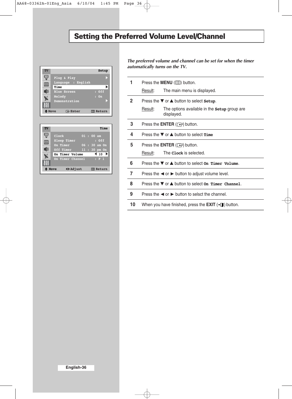 Setting the preferred volume level/channel | Samsung CS29A7SP User Manual | Page 36 / 52