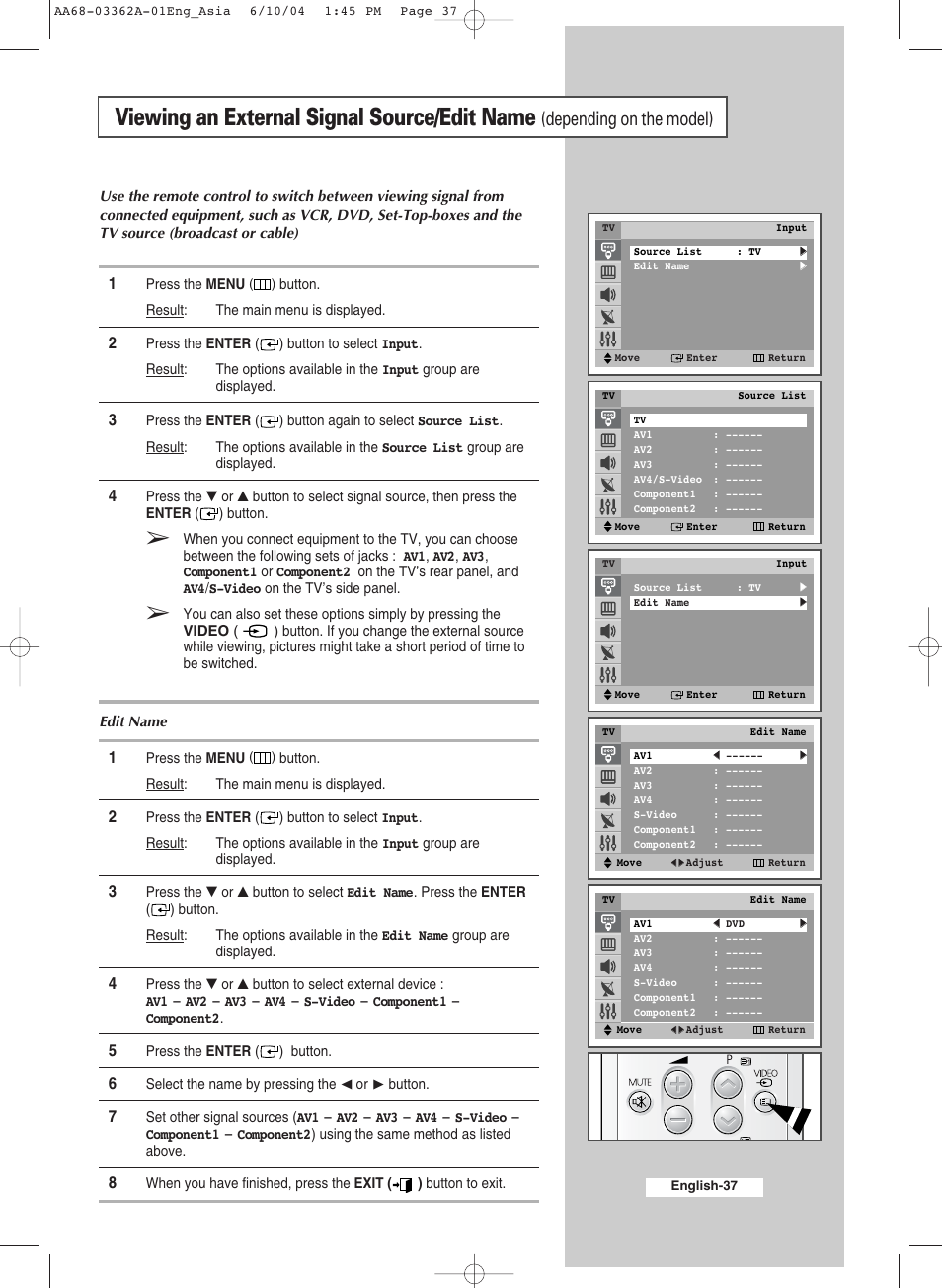 Viewing an external signal source/edit name, Depending on the model) | Samsung CS29A7SP User Manual | Page 37 / 52