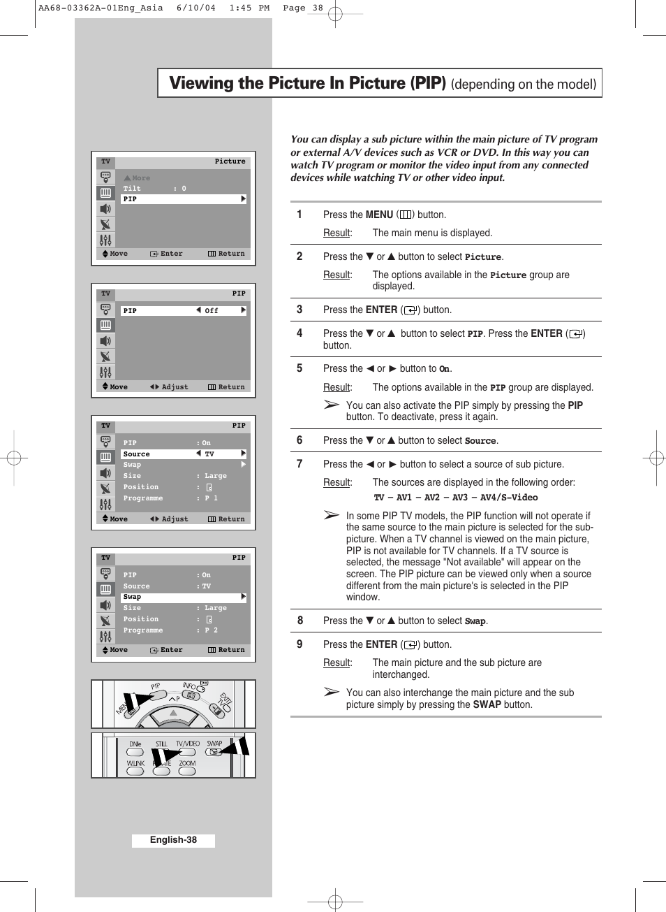 Viewing the picture in picture (pip), Depending on the model) | Samsung CS29A7SP User Manual | Page 38 / 52