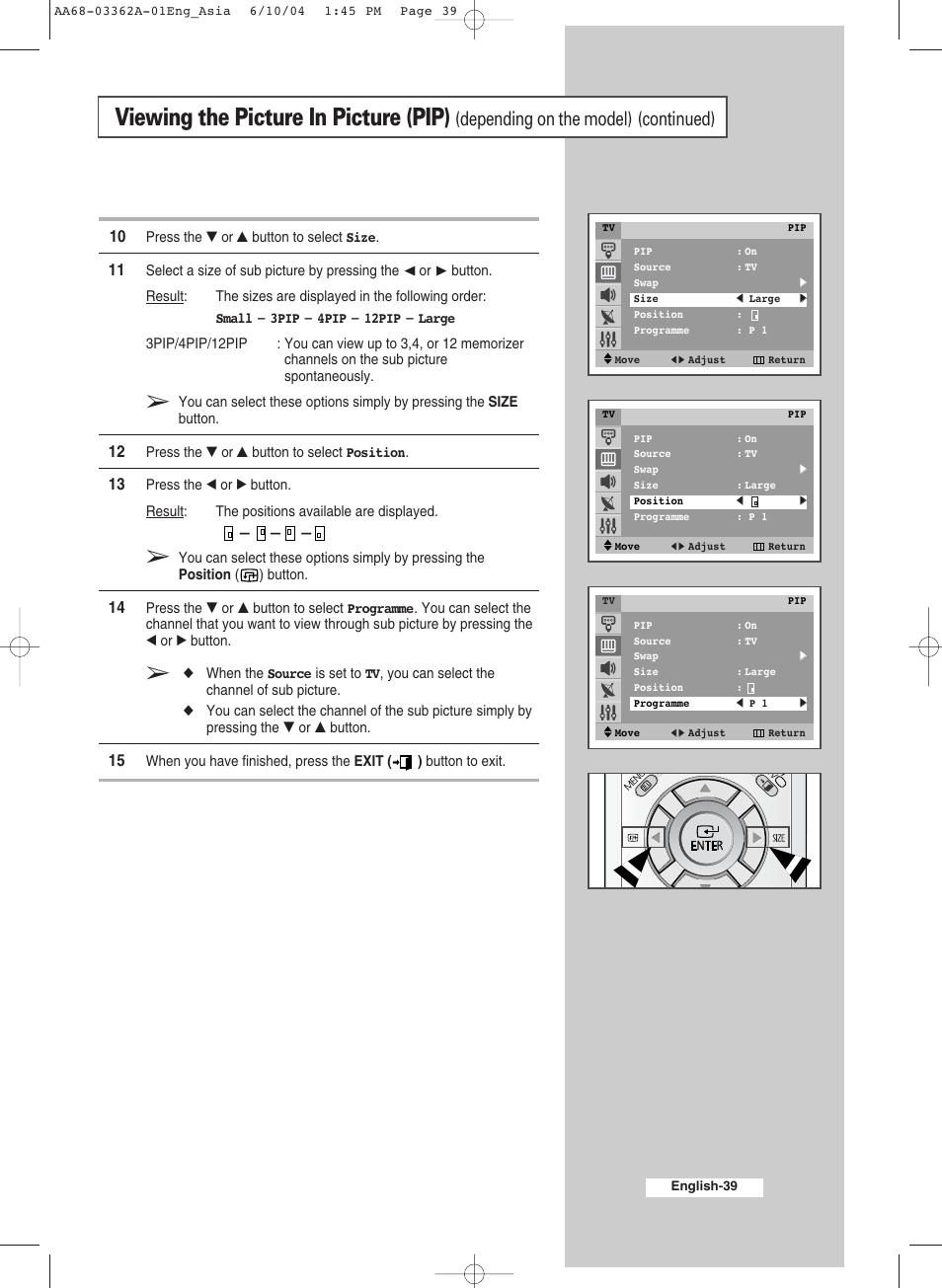 Viewing the picture in picture (pip), Depending on the model) (continued) | Samsung CS29A7SP User Manual | Page 39 / 52