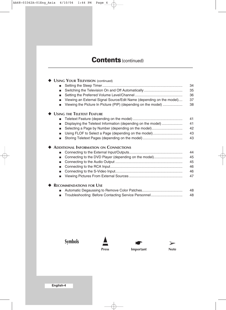 Samsung CS29A7SP User Manual | Page 4 / 52