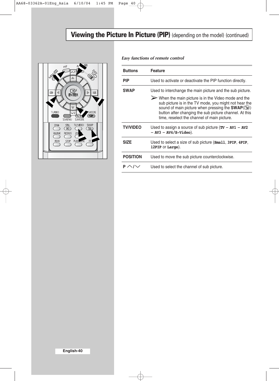 Viewing the picture in picture (pip), Depending on the model) (continued) | Samsung CS29A7SP User Manual | Page 40 / 52
