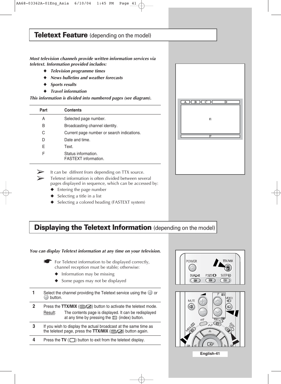 Using the teletext feature, Teletext feature (depending on the model), Teletext feature | Displaying the teletext information | Samsung CS29A7SP User Manual | Page 41 / 52