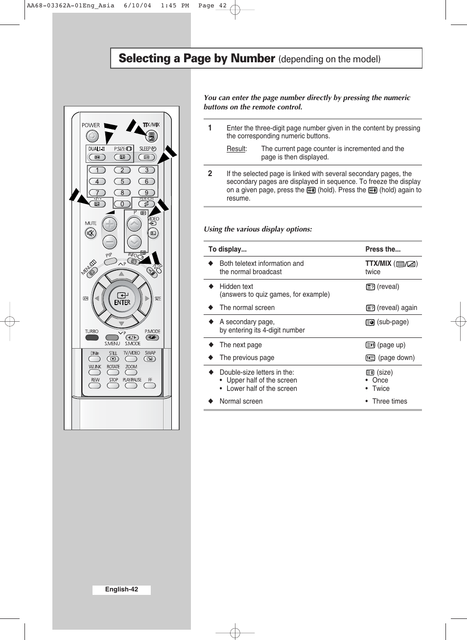 Selecting a page by number, Depending on the model) | Samsung CS29A7SP User Manual | Page 42 / 52