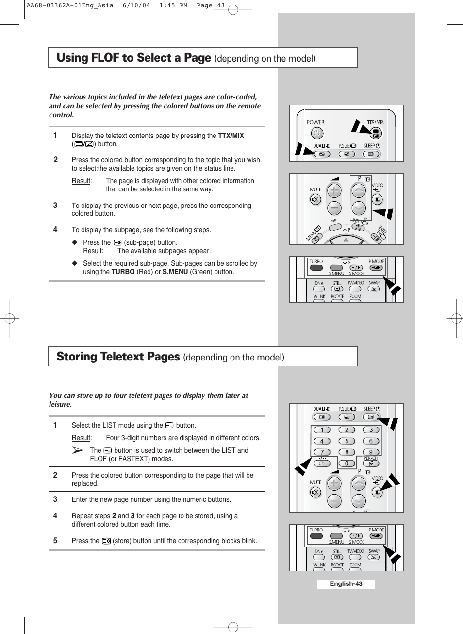Using flof to select a page, Storing teletext pages, Depending on the model) | Samsung CS29A7SP User Manual | Page 43 / 52