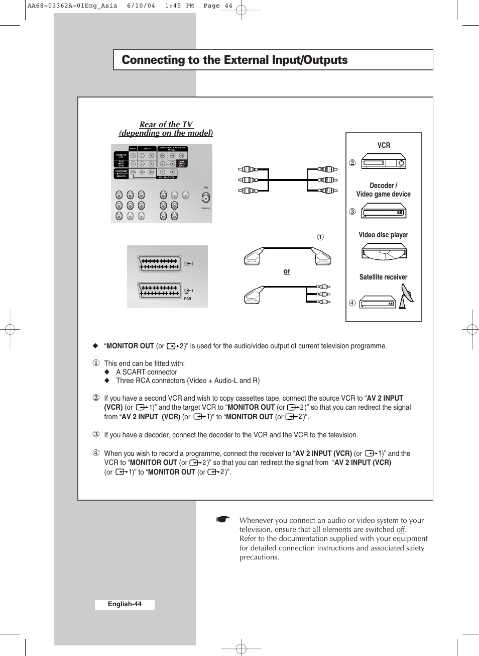 Additional information on connections, Connecting to the external input/outputs | Samsung CS29A7SP User Manual | Page 44 / 52