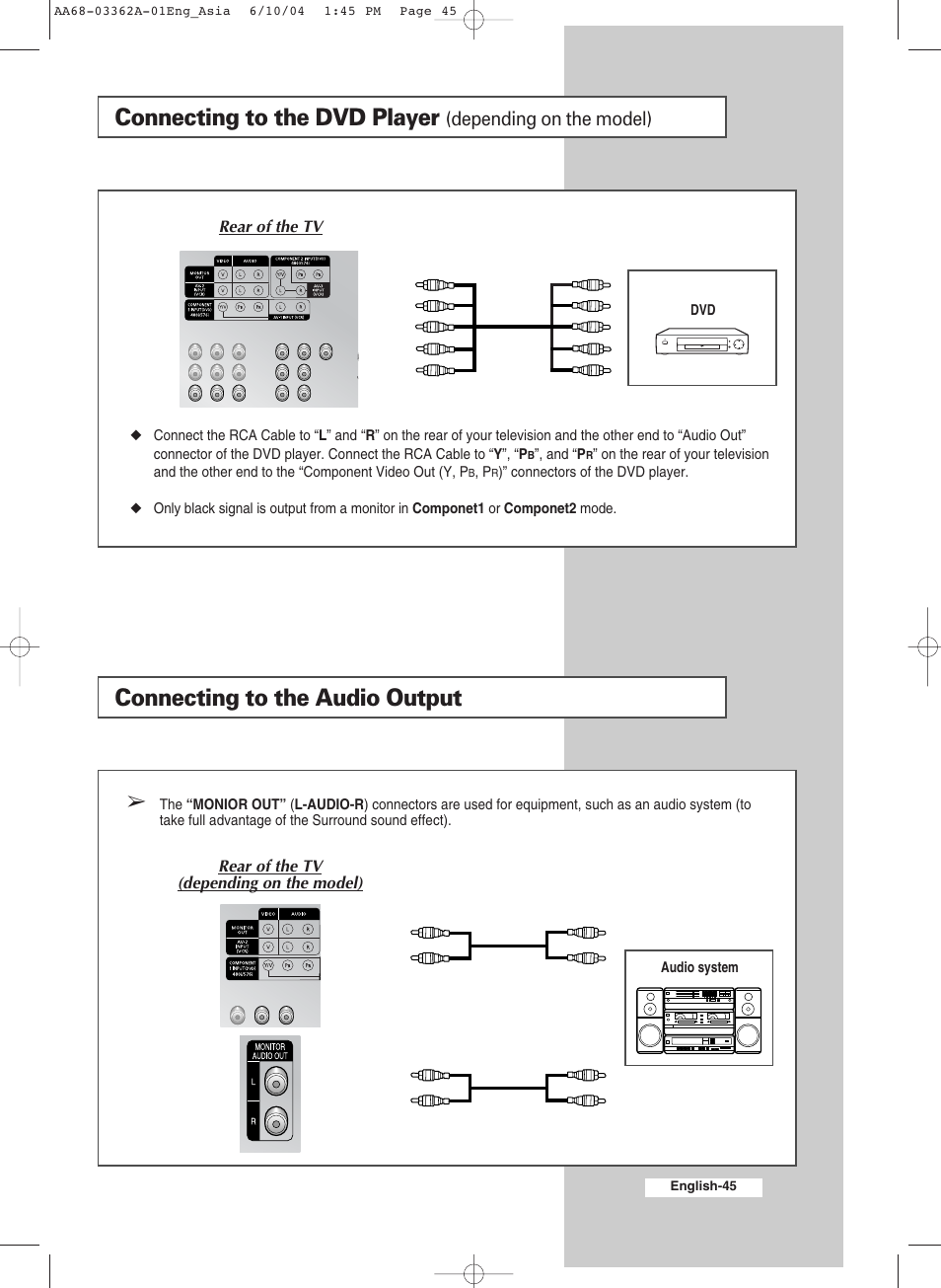 Connecting to the audio output, Connecting to the dvd player, Depending on the model) | Samsung CS29A7SP User Manual | Page 45 / 52