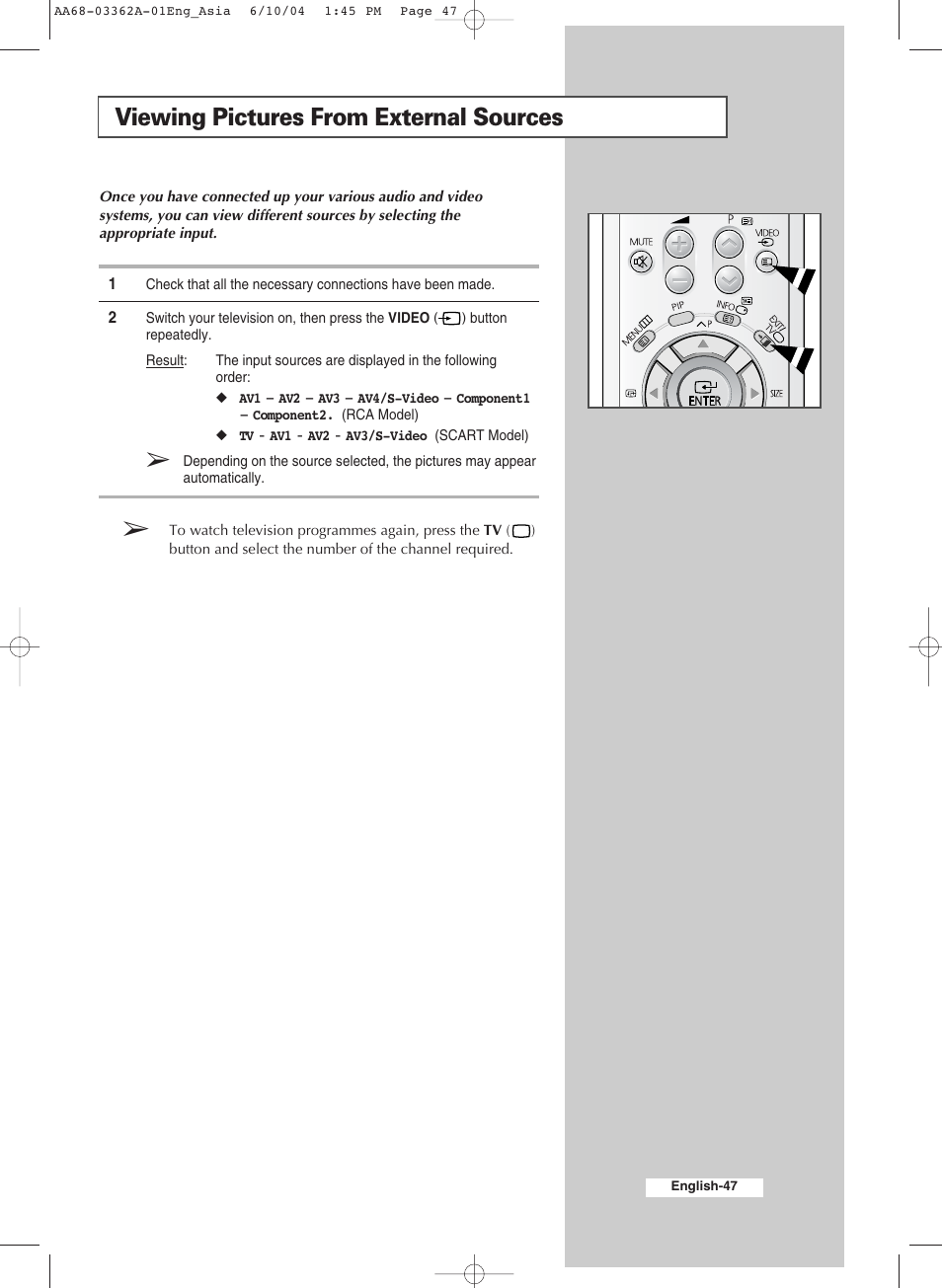 Viewing pictures from external sources | Samsung CS29A7SP User Manual | Page 47 / 52
