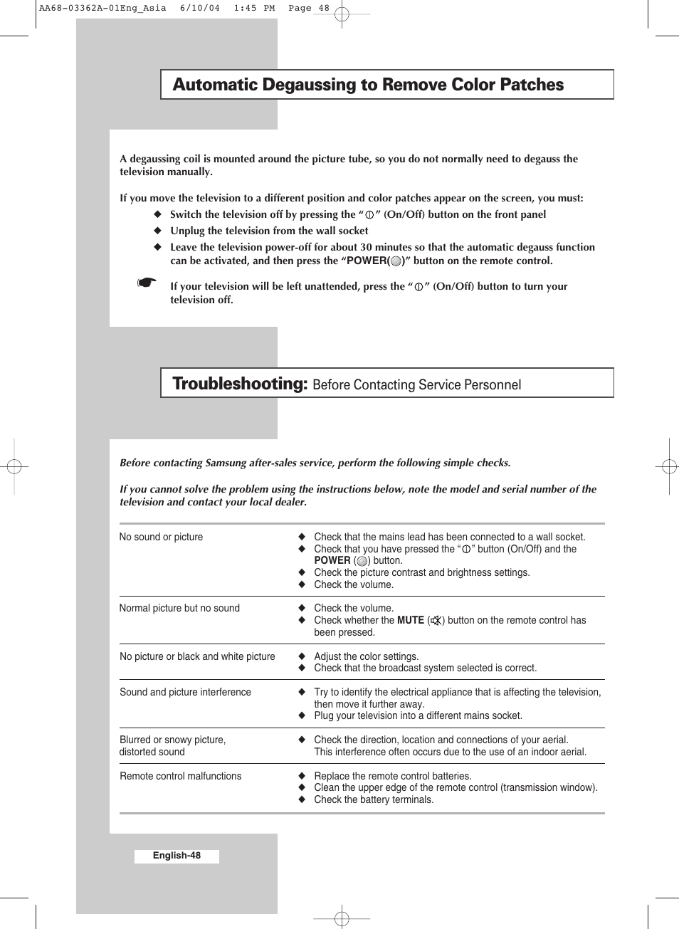 Recommendations for use, Automatic degaussing to remove color patches, Troubleshooting | Before contacting service personnel | Samsung CS29A7SP User Manual | Page 48 / 52