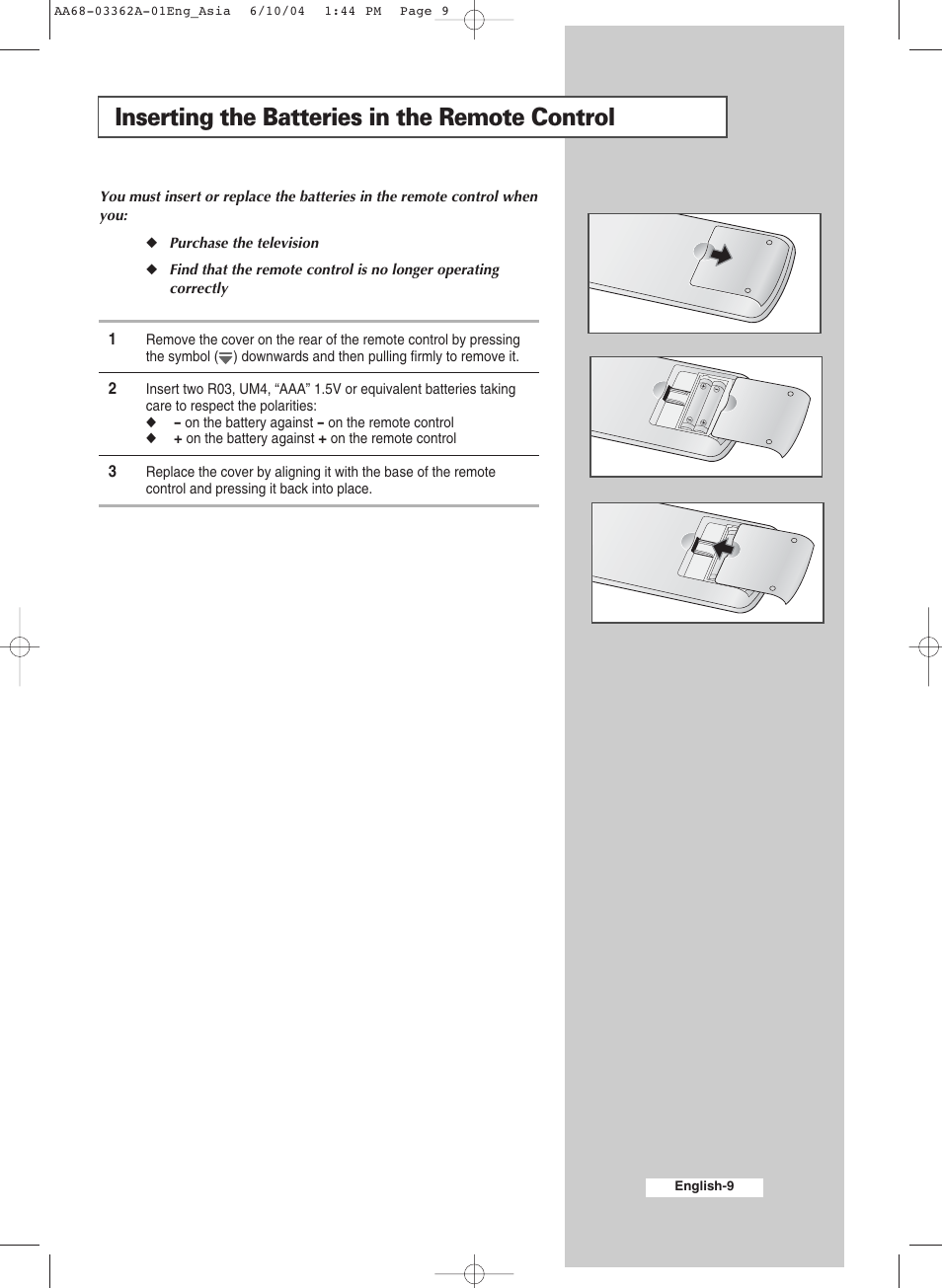 Inserting the batteries in the remote control | Samsung CS29A7SP User Manual | Page 9 / 52