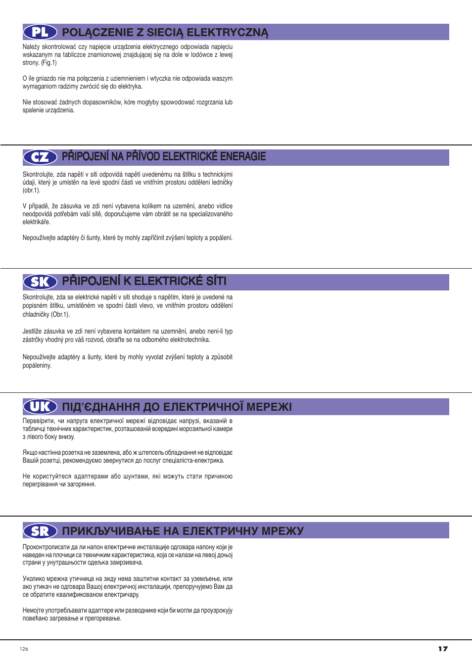Pl cz sk uk sr, P¤ipojení k elektrické síti | Ardo CO3012BA-S User Manual | Page 17 / 36