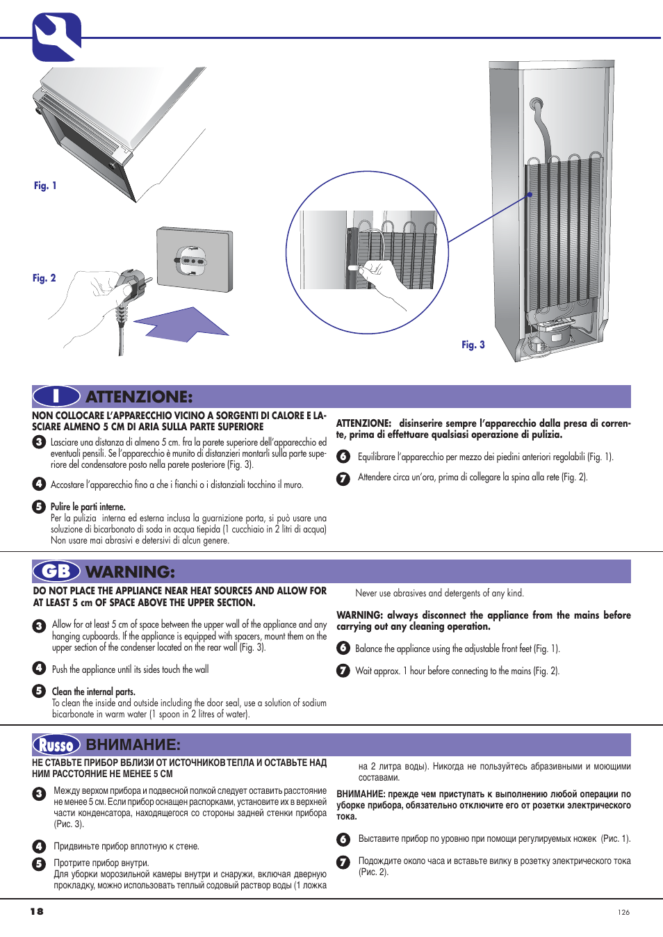 Igb russo, Attenzione: warning, Внимание | Ardo CO3012BA-S User Manual | Page 18 / 36