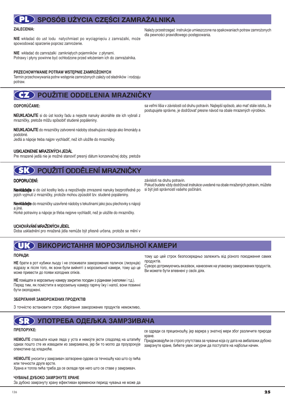 Pl cz sk uk sr, Pouîitie oddelenia mrazniâky, Pouîití oddùlení mrazniâky | Ardo CO3012BA-S User Manual | Page 25 / 36