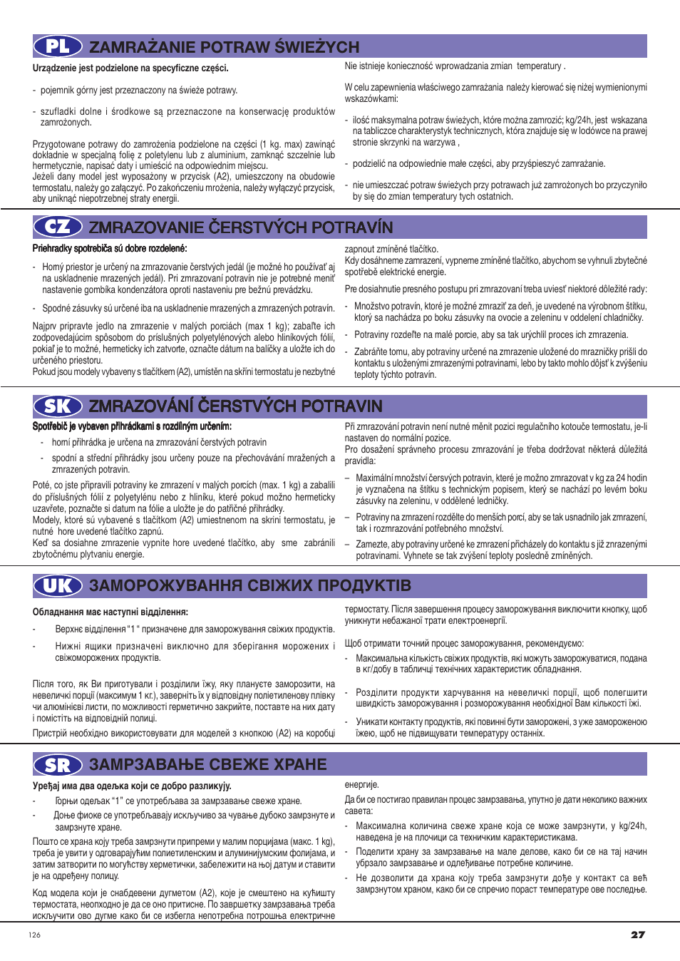 Pl cz sk uk sr, Zmrazovanie âerstv¯ch potravín, Zmrazování âerstv¯ch potravin | Ardo CO3012BA-S User Manual | Page 27 / 36