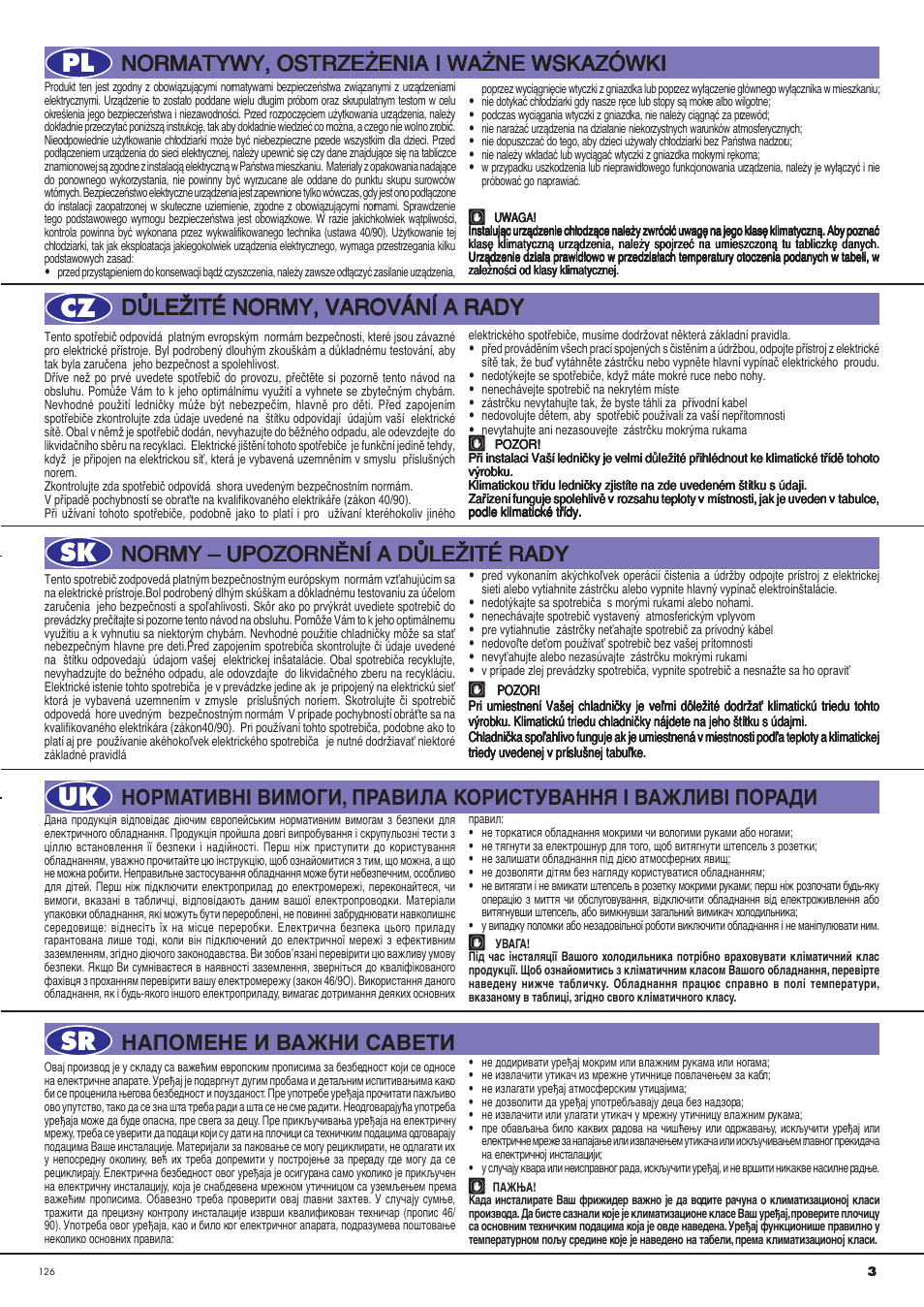 Pl cz sk uk sr, Dòleîité normy, varování a rady, Normy – upozornùní a dòleîité rady | Ardo CO3012BA-S User Manual | Page 3 / 36
