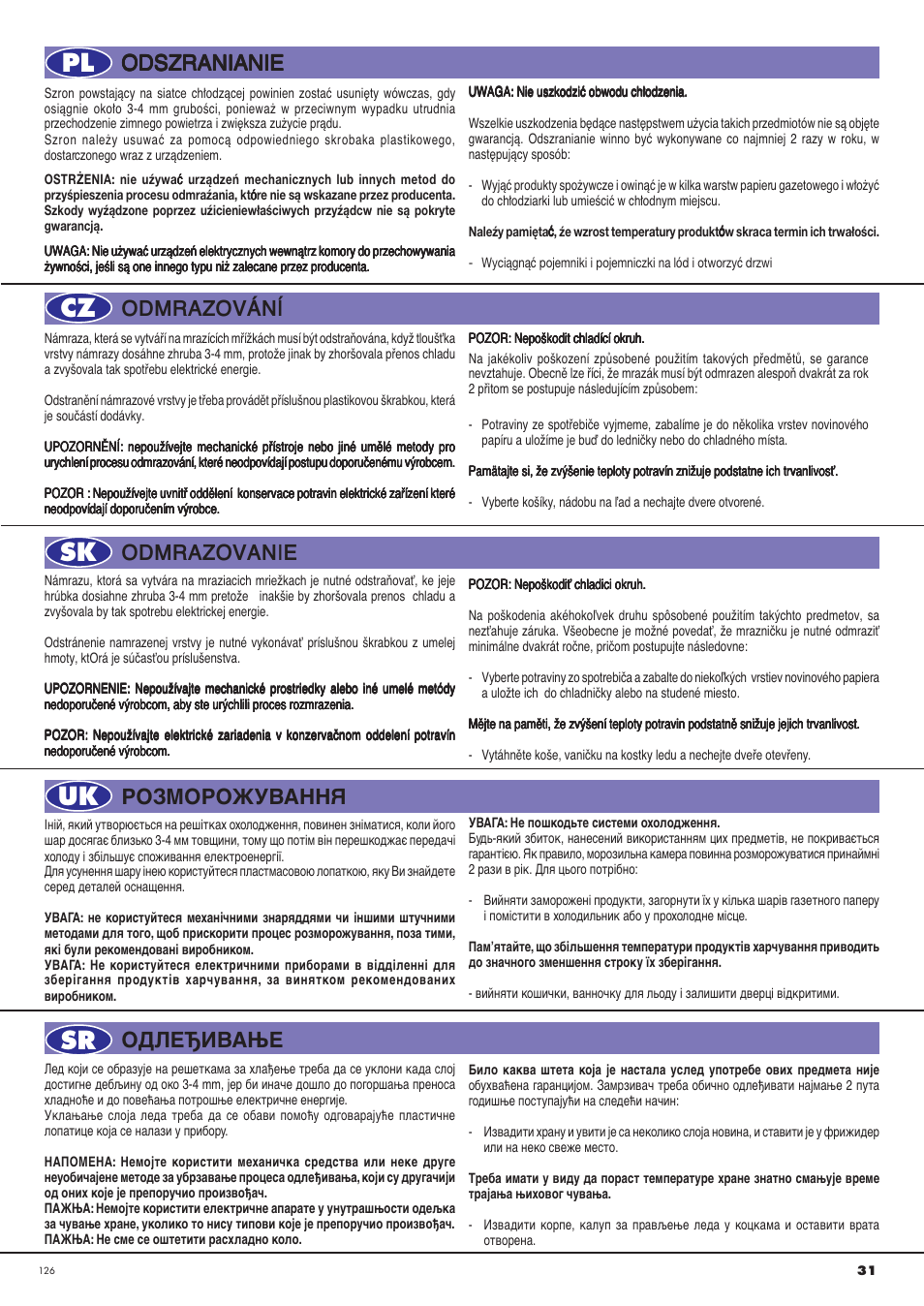 Pl cz sk uk sr, Odszranianie, Odmrazov¡nõ | Odmrazovanie, Одлеђивање розморожування | Ardo CO3012BA-S User Manual | Page 31 / 36
