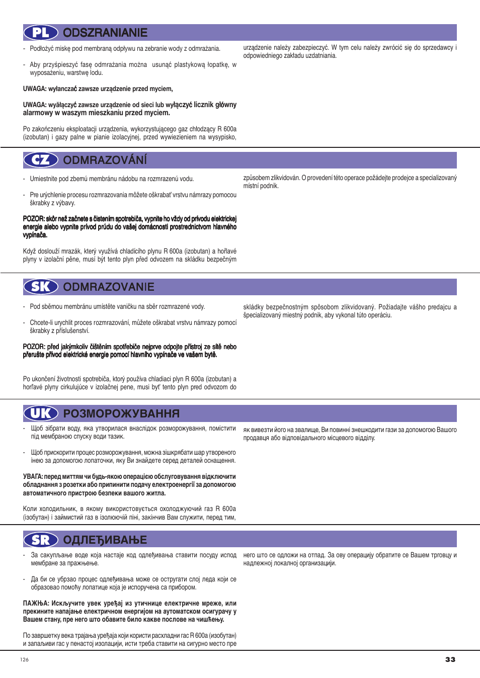 Pl cz sk uk sr, Odszranianie, Odmrazov¡nõ | Odmrazovanie, Одлеђивање розморожування | Ardo CO3012BA-S User Manual | Page 33 / 36