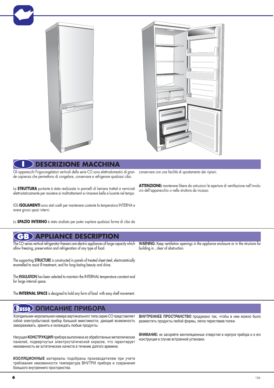 Igb russo, Descrizione macchina appliance description, Описание прибора | Ardo CO3012BA-S User Manual | Page 6 / 36