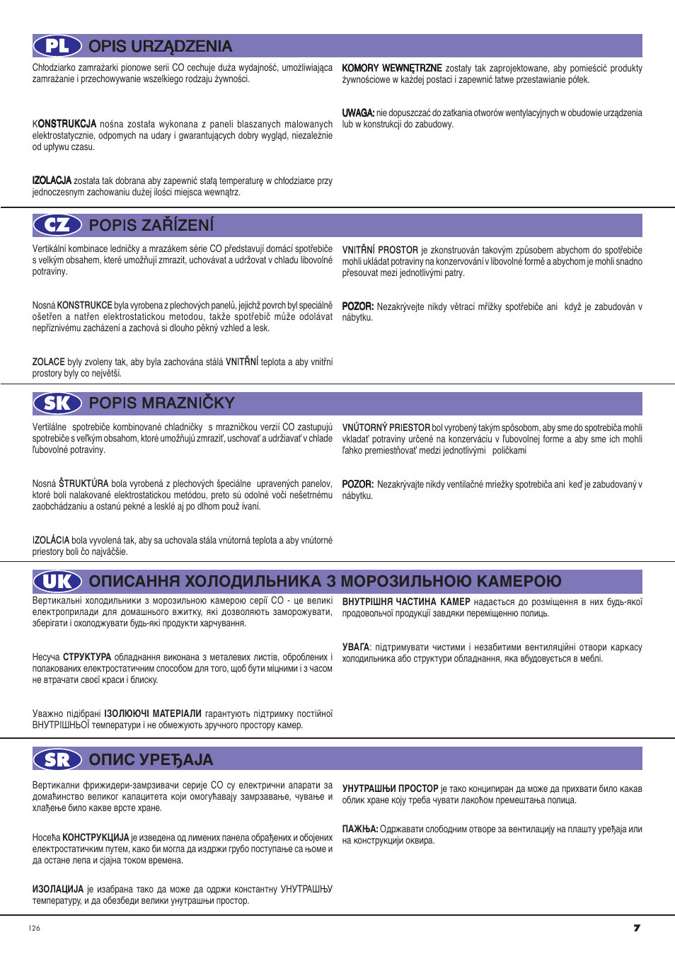 Pl cz sk uk sr, Popis zaÿõzenõ, Opis urzñdzenia | Popis mrazni»ky | Ardo CO3012BA-S User Manual | Page 7 / 36